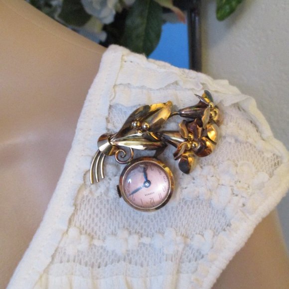 HARMAN Sterling Vermeil Mechanical Watch Brooch ~ 1930s Floral Wind Up Watch Pin - Picture 5 of 14